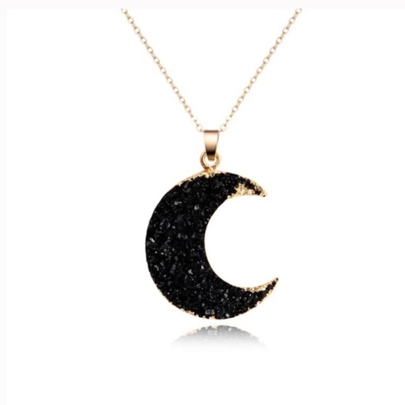 Black Druzy Crystal Resin Moon Necklace - Picture 2 of 8